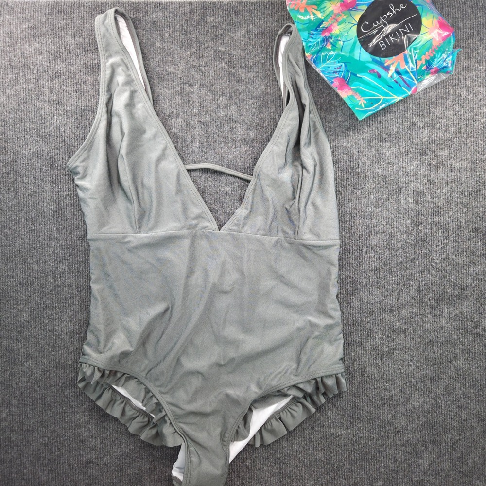 Cupshe Women Gray Ruffle V-Neck One Piece Swimsuit XXL NWT